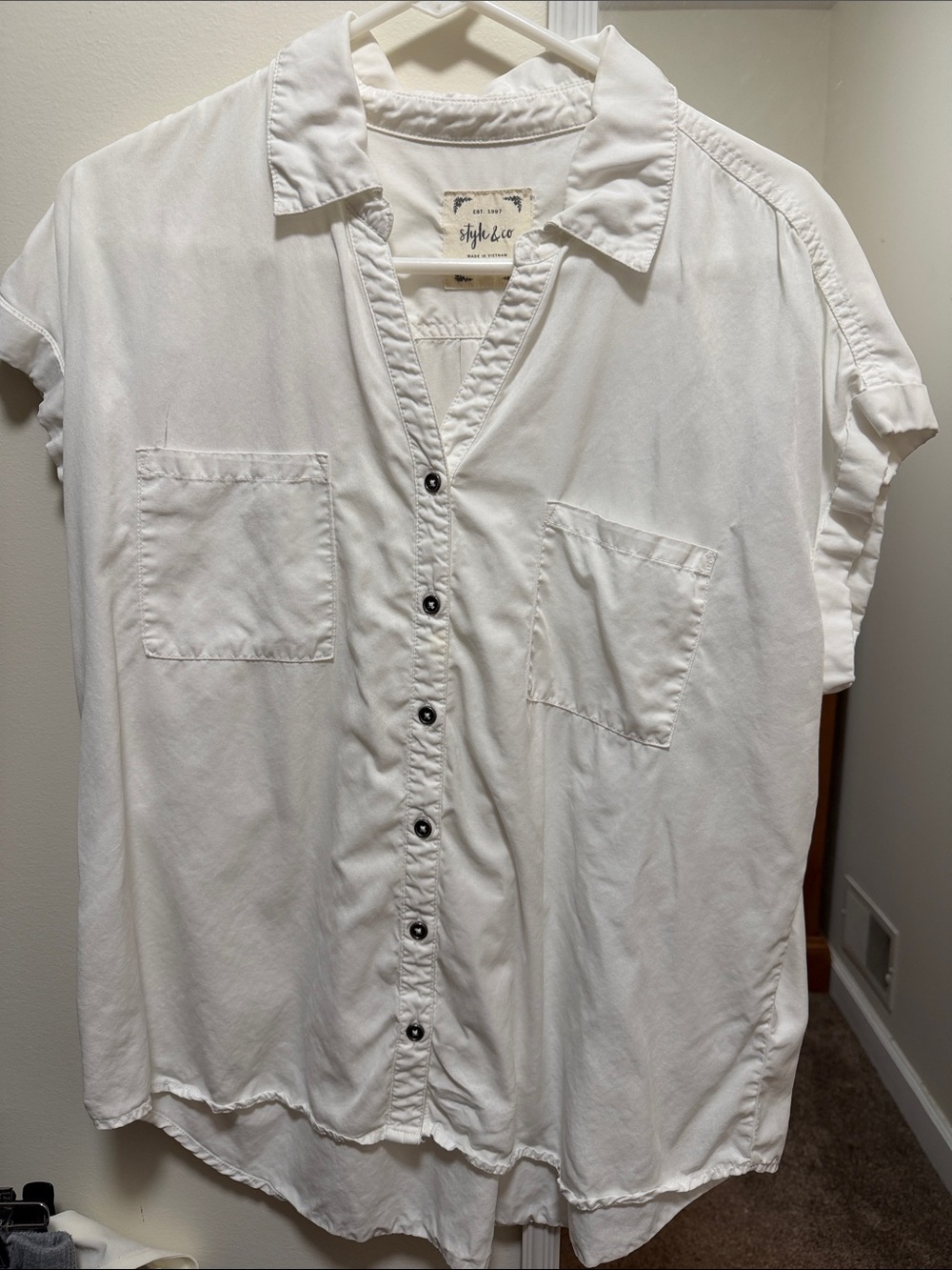 Style & Co. White Short-Sleeve Button-Front Casual Shirt